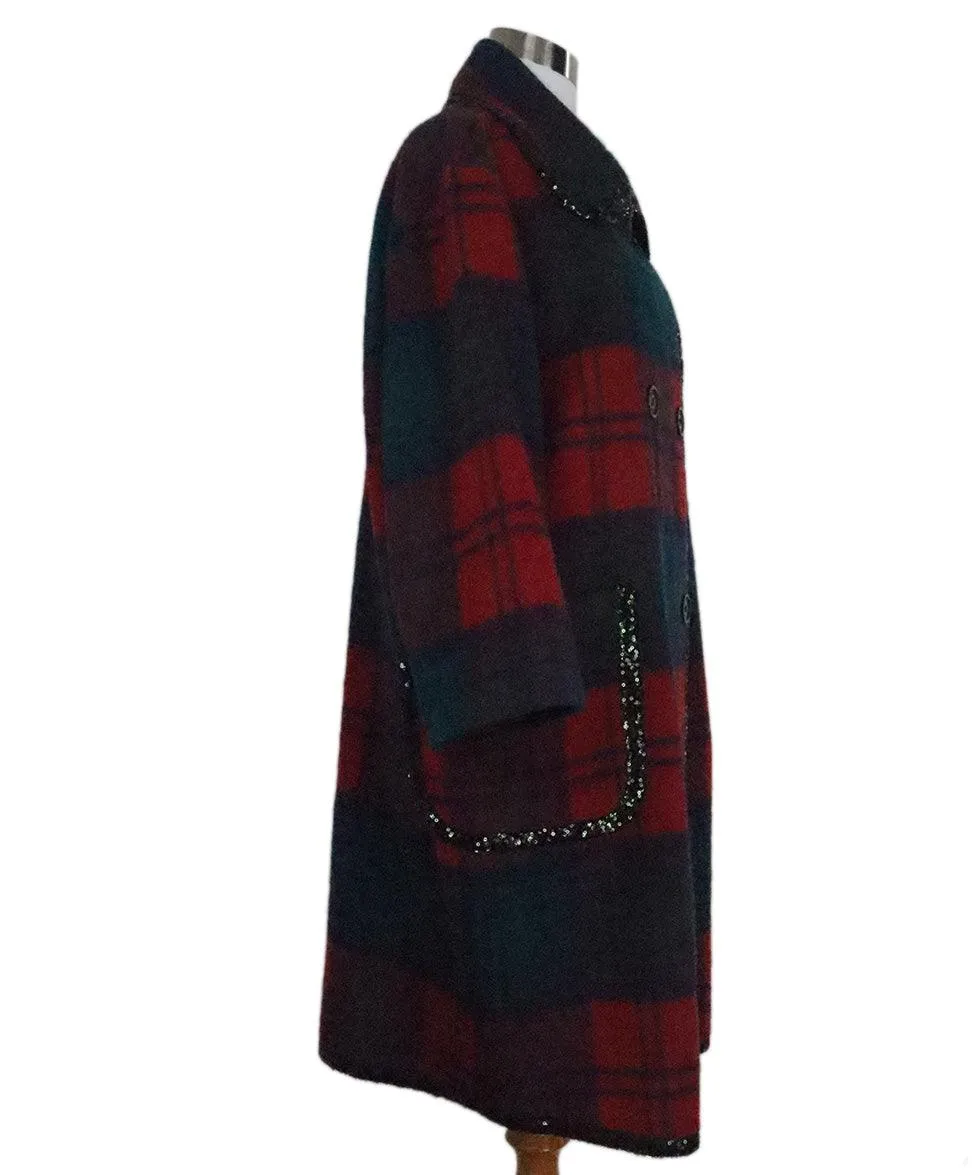 Manoush Red & Green Plaid Wool Sequin Coat sz 4