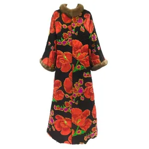 Maximilian Quilted Floral Silk Coat with Mink Trim