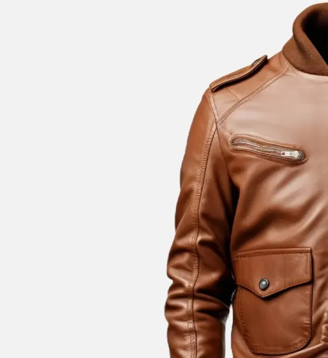 Men's Brown Leather Strap Pocket Style Bomber Jacket