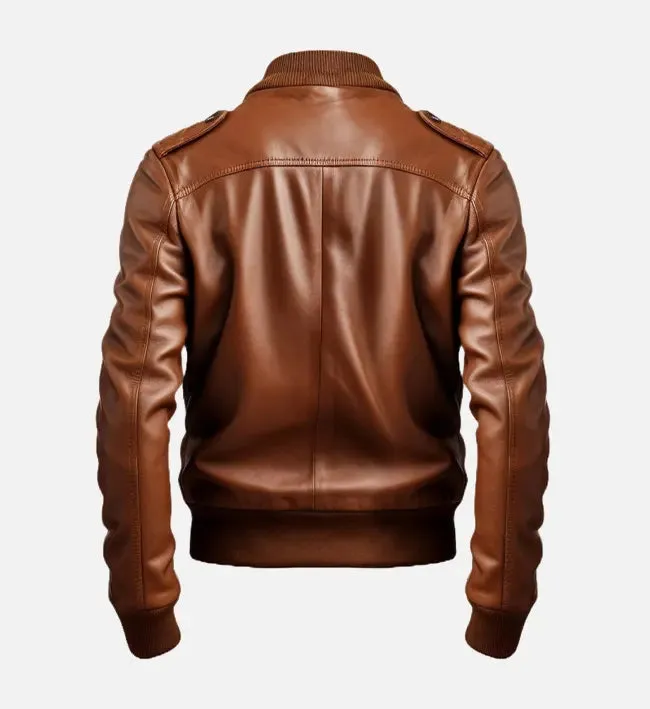 Men's Brown Leather Strap Pocket Style Bomber Jacket