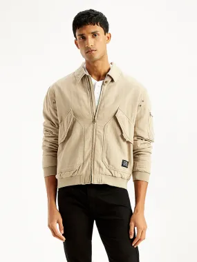 Men's Solid Beige Spread Collar Bomber Jacket