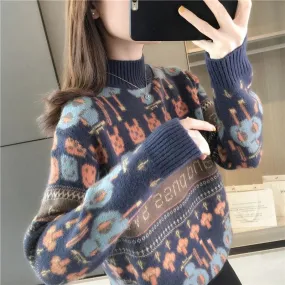 METAVERSMALL Autumn and winter explosion semi-turtleneck jacquard lazy wind long-sleeved loose sweater New foreign style with warm knitted sweater women