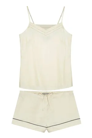 Mulberry Silk Camisole & Shorts Set - Ivory (Natural) with navy piping