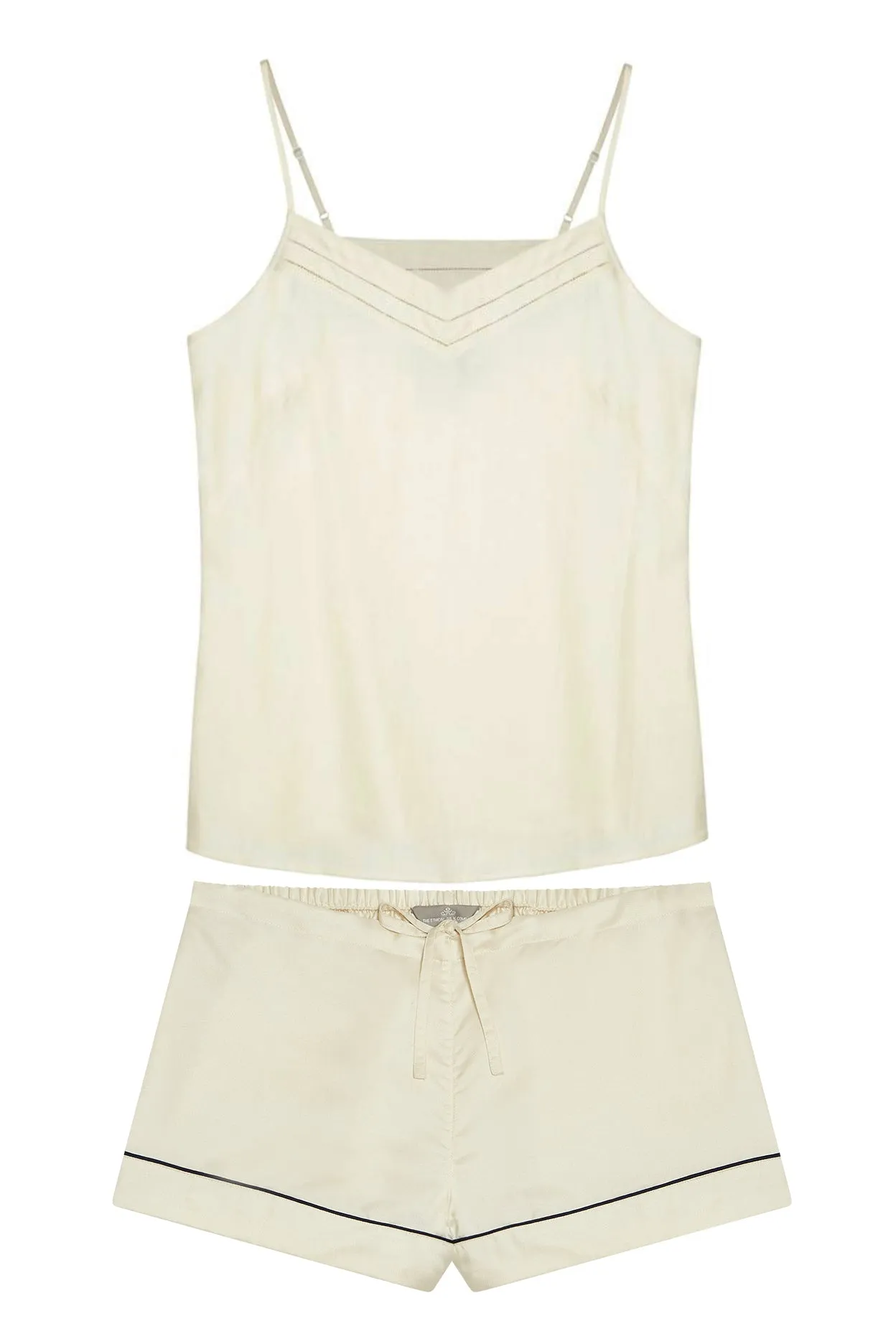 Mulberry Silk Camisole & Shorts Set - Ivory (Natural) with navy piping