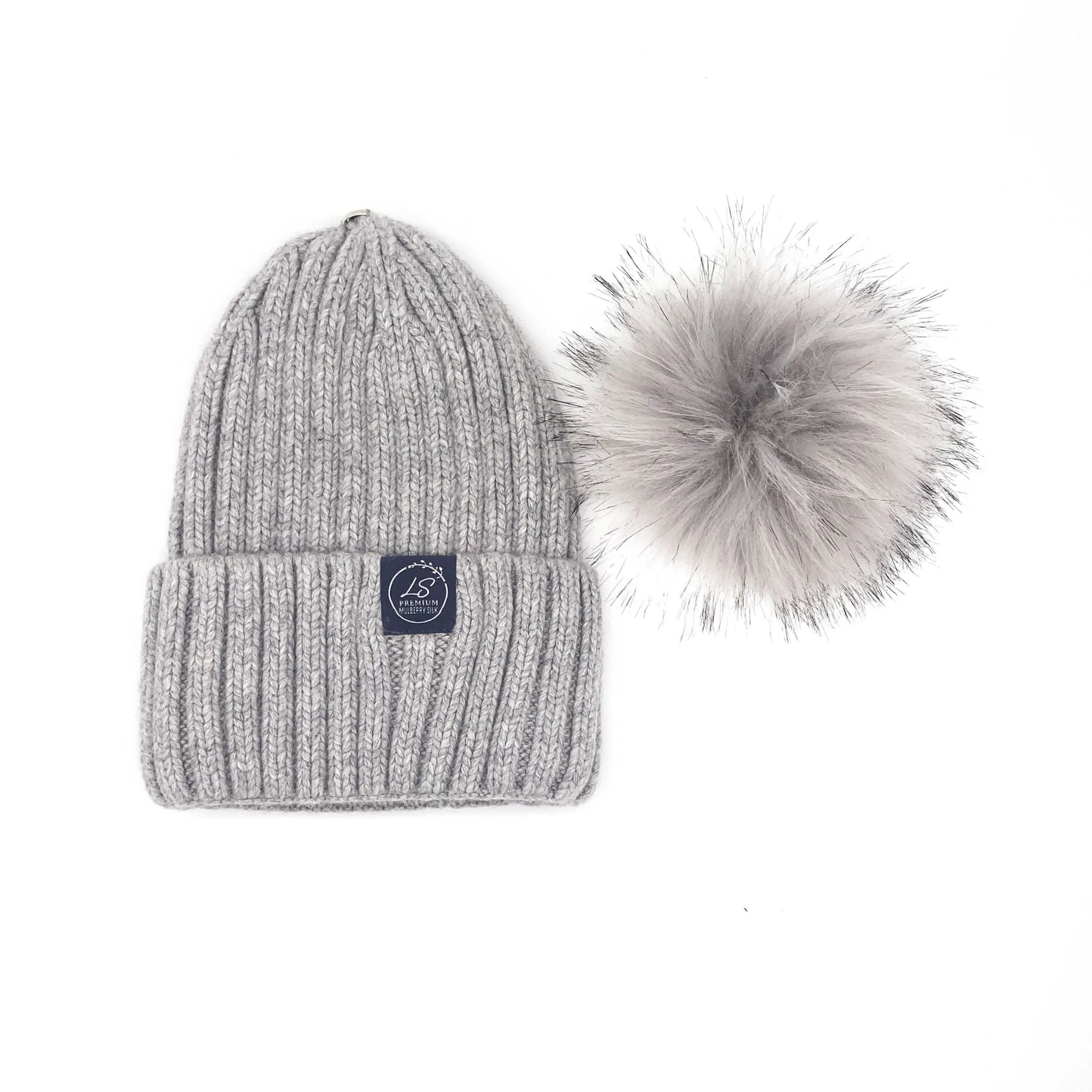 Mulberry Silk-Lined Classic Ribbed Pattern Cashmere Beanie Hat With Removable Pom Pom - Black