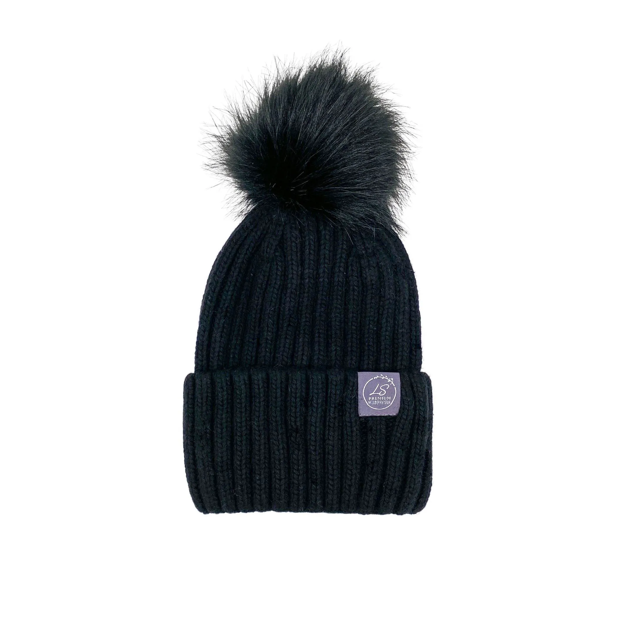 Mulberry Silk-Lined Classic Ribbed Pattern Cashmere Beanie Hat With Removable Pom Pom - Black