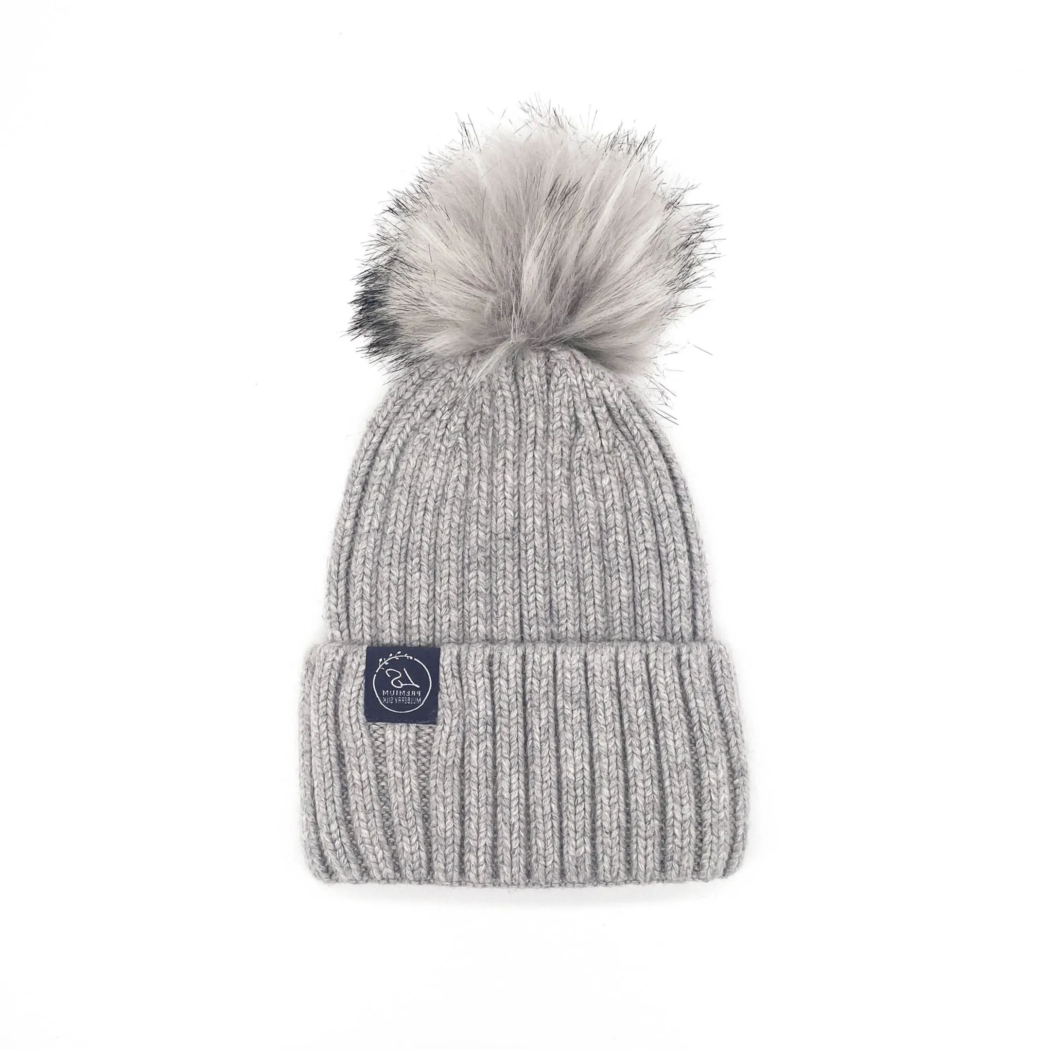 Mulberry Silk-Lined Classic Ribbed Pattern Cashmere Beanie Hat With Removable Pom Pom - Black