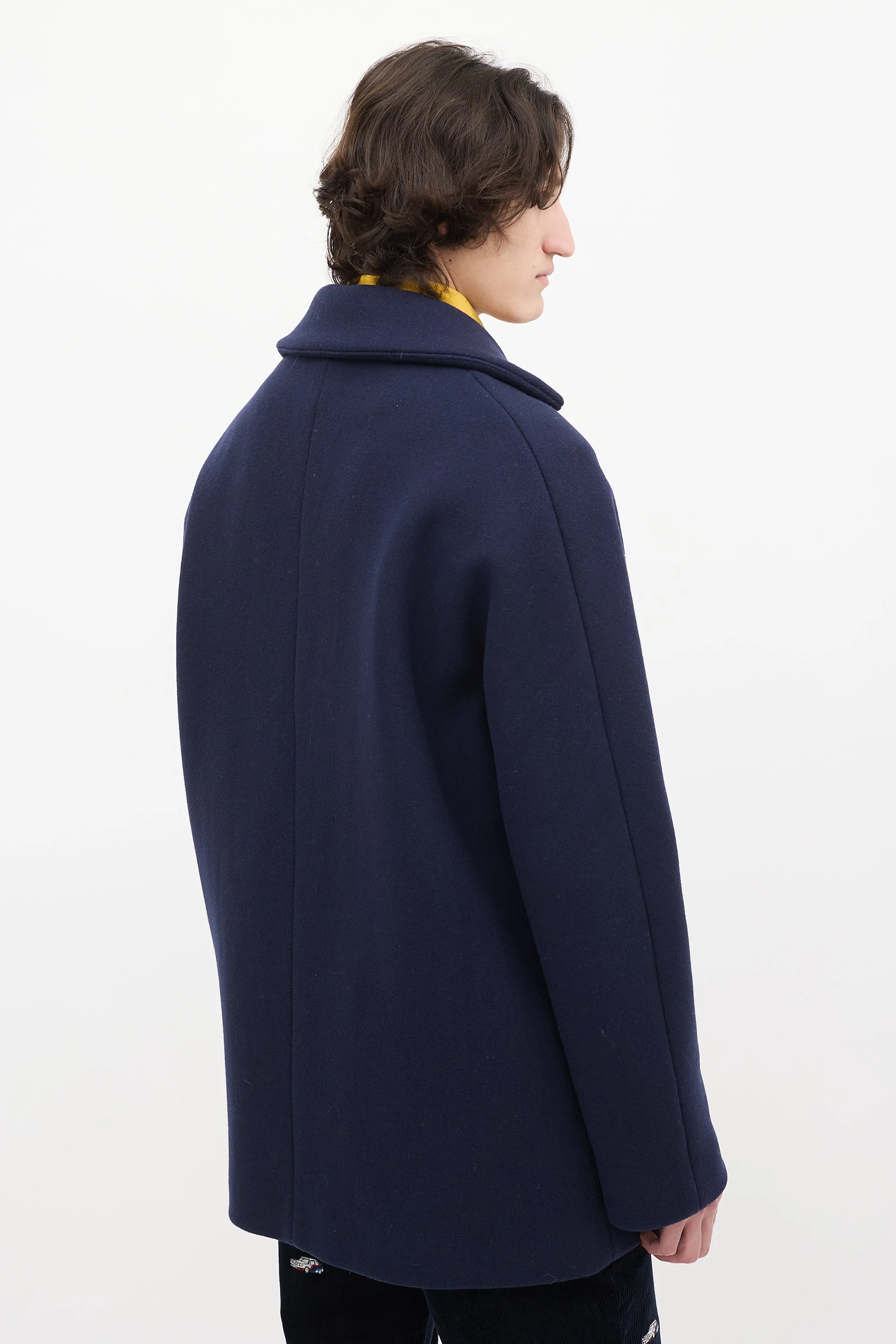 Navy Wool & Nylon Mid Length Coat