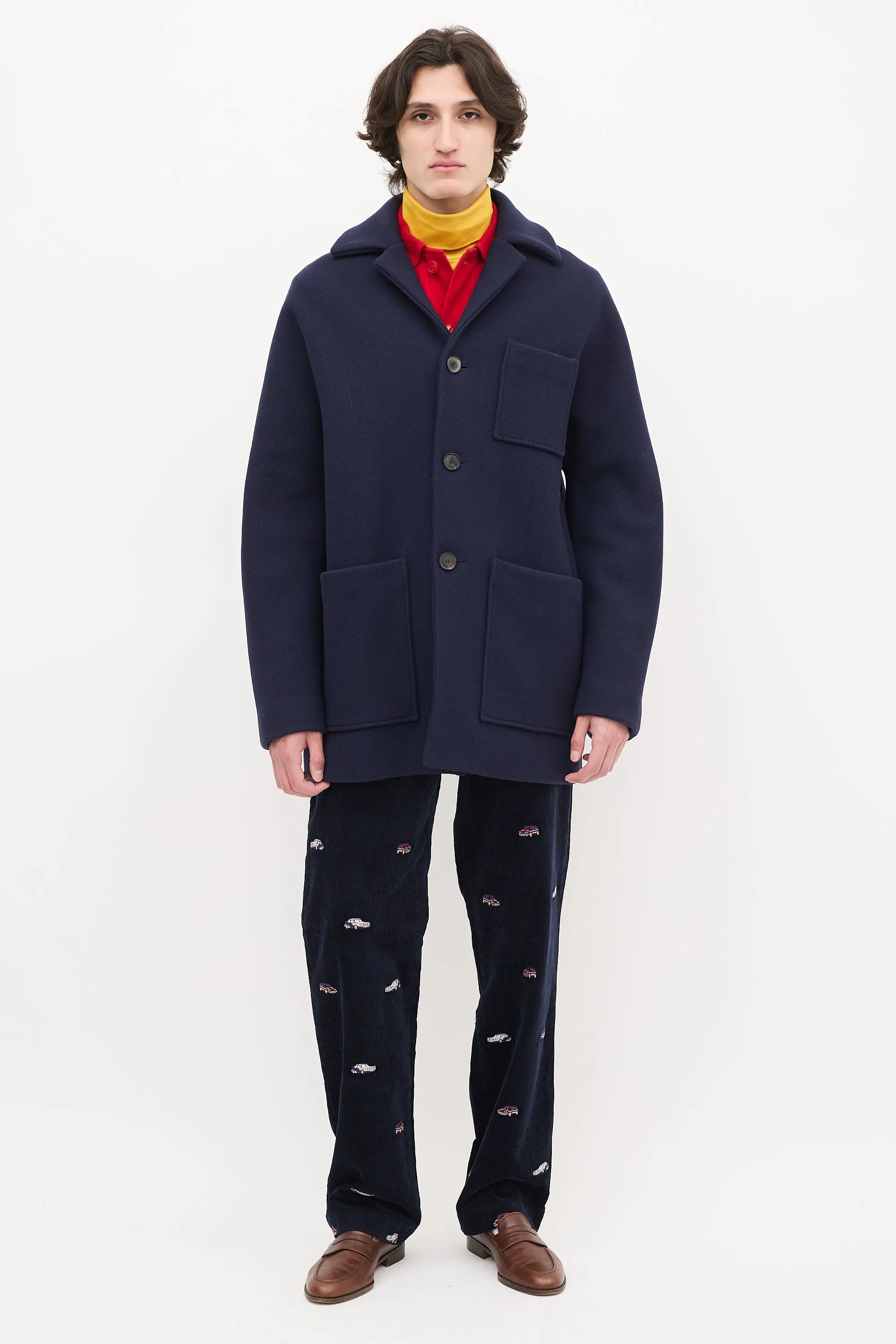 Navy Wool & Nylon Mid Length Coat