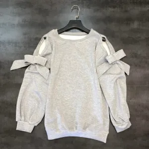 New Women Bow Tie With Sleeves Open Arms Long Sleeve Loose Sweatshirt