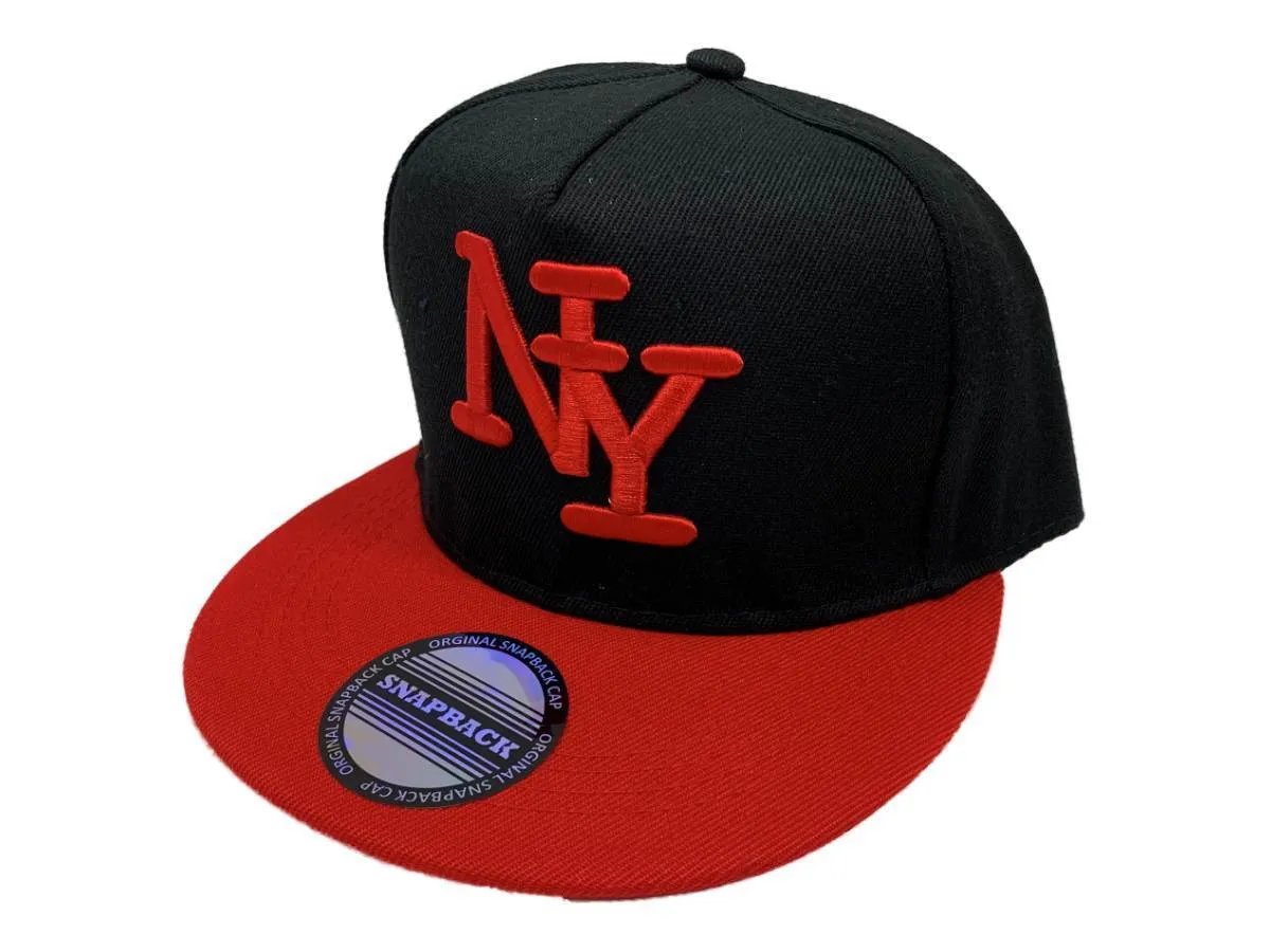 New York "NY" XM Black & Red Structured Adjustable Snapback Flat Bill Hat Cap