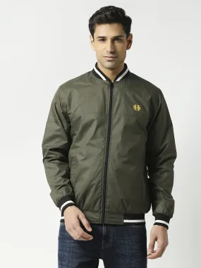 Olive Green Bomber Jacket with Black Striped Trim