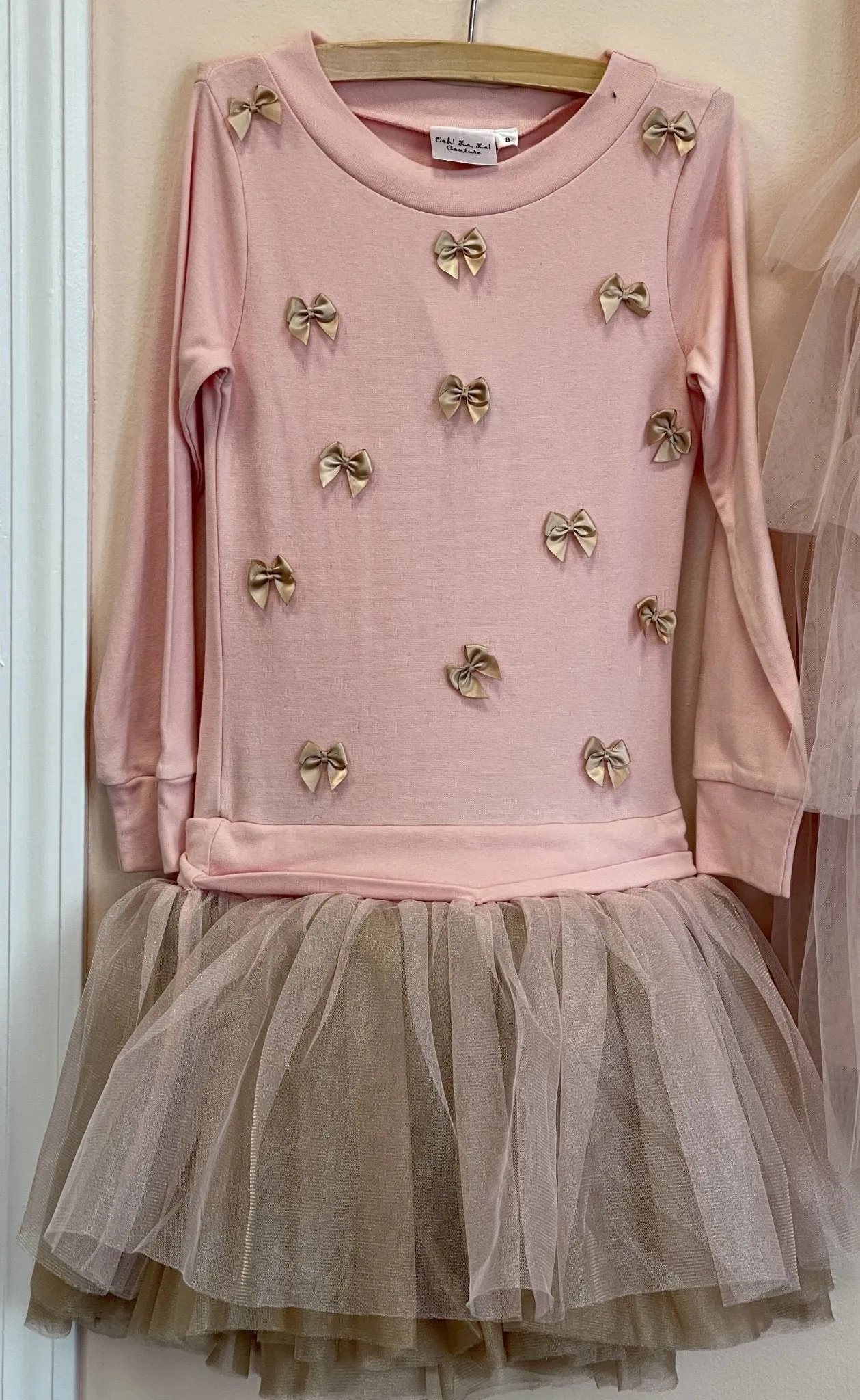 Ooh La La Couture Pink and Champagne Little Bows Long Sleeve Dress