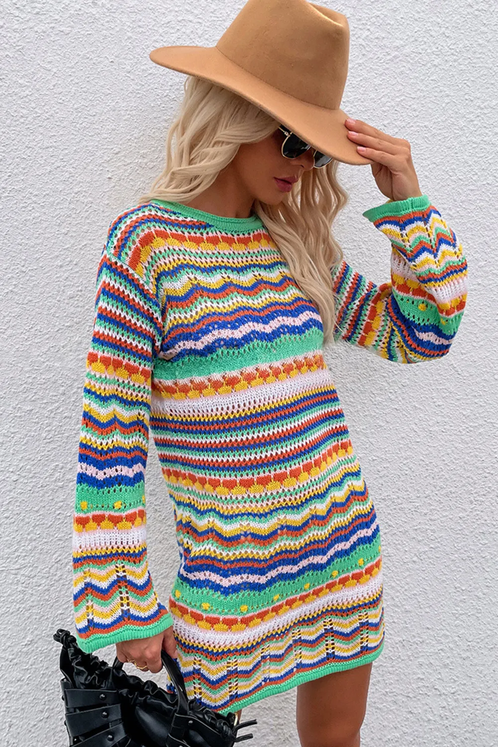 Orange Stripe Long Sleeve Colorblock Midi Sweater Dress