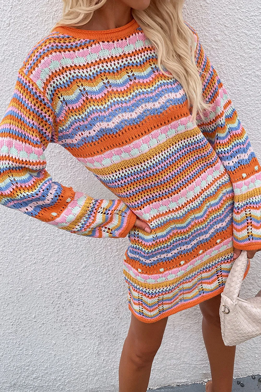 Orange Stripe Long Sleeve Colorblock Midi Sweater Dress