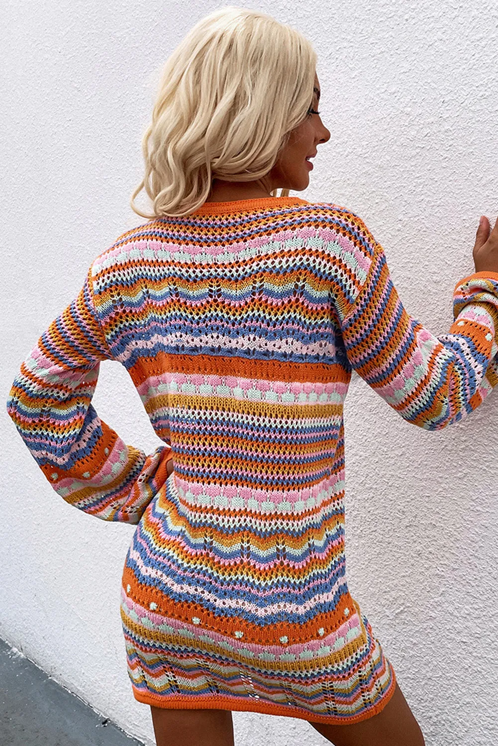 Orange Stripe Long Sleeve Colorblock Midi Sweater Dress