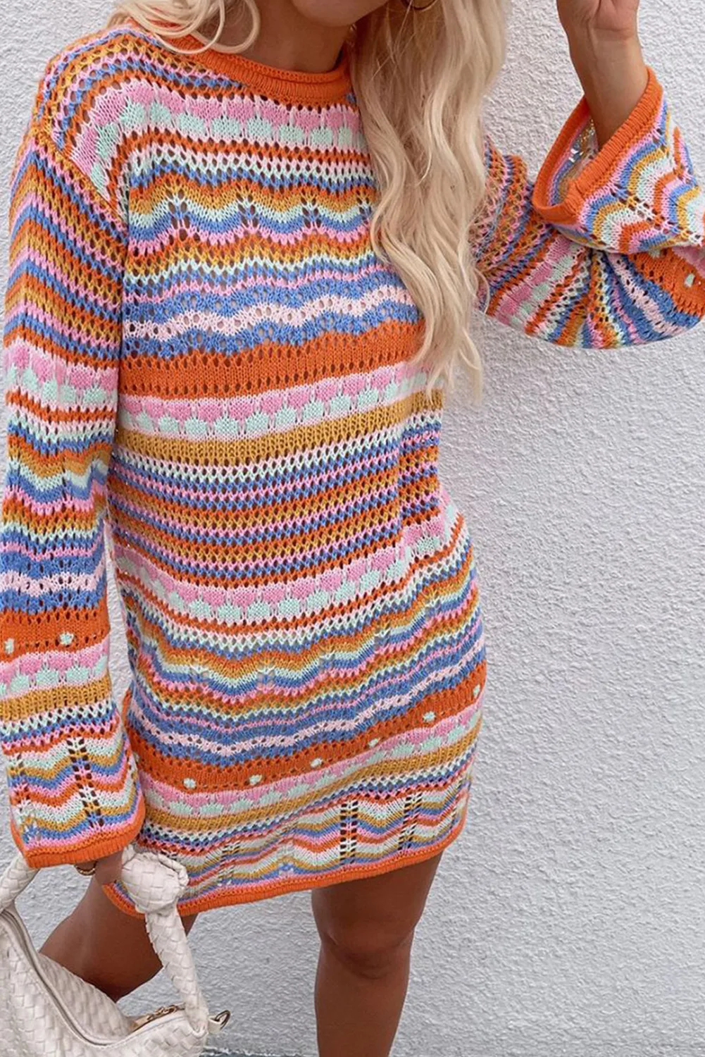 Orange Stripe Long Sleeve Colorblock Midi Sweater Dress