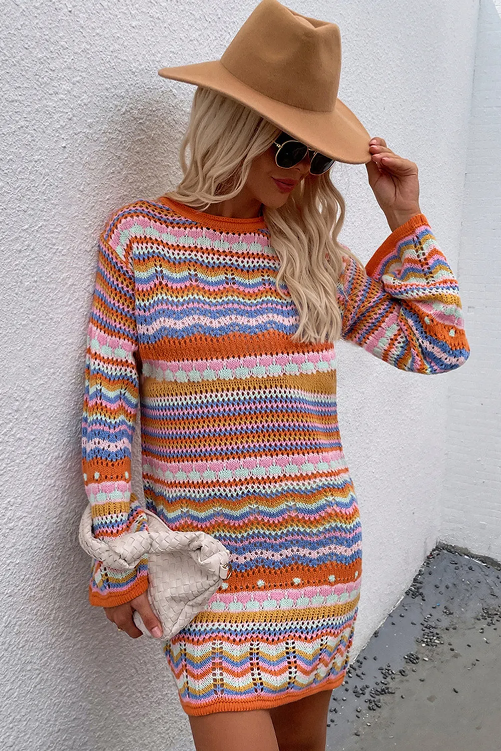 Orange Stripe Long Sleeve Colorblock Midi Sweater Dress