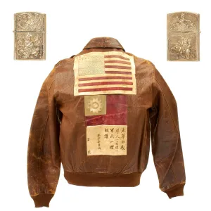 Original U.S. WWII China Burma India Theater A2 Leather Flight Jacket with Sterling Silver Lighter