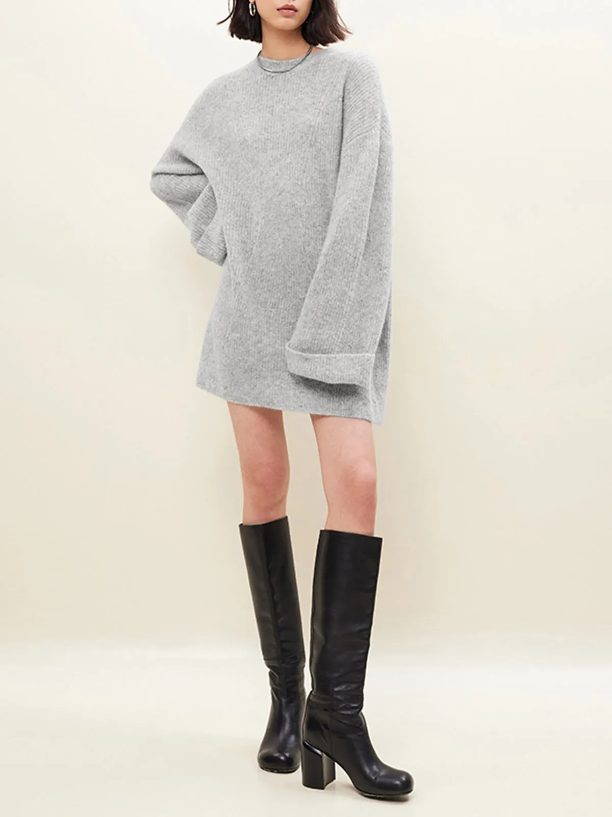 Oversized Woollen Blend Trendy Sweater Short Dress