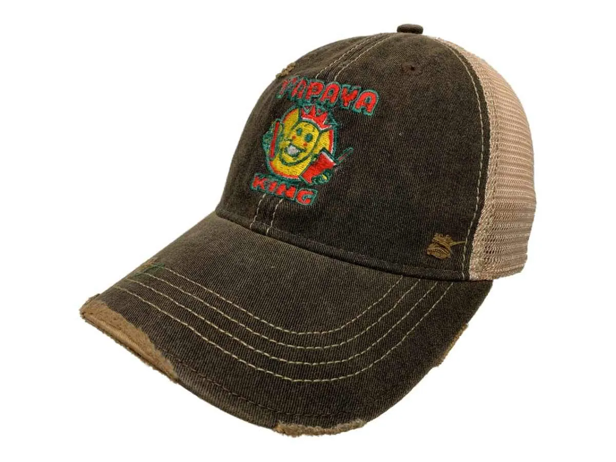 Papaya King Restaurant Retro Brand Mudwashed Distressed Mesh Snapback Hat Cap