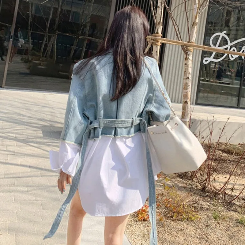 Patchwork Casual Denim Jacket For Women Lapel Long Sleeve With Sashes Oversized Coat Female Autumn Fashion