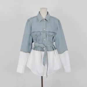 Patchwork Casual Denim Jacket For Women Lapel Long Sleeve With Sashes Oversized Coat Female Autumn Fashion