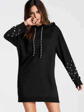 Pearl detail studded hoodie sweater dress