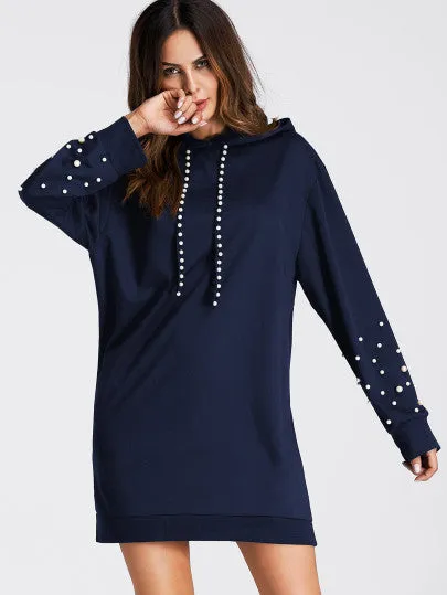 Pearl detail studded hoodie sweater dress