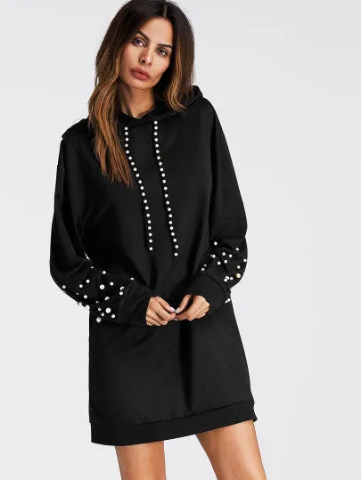 Pearl detail studded hoodie sweater dress