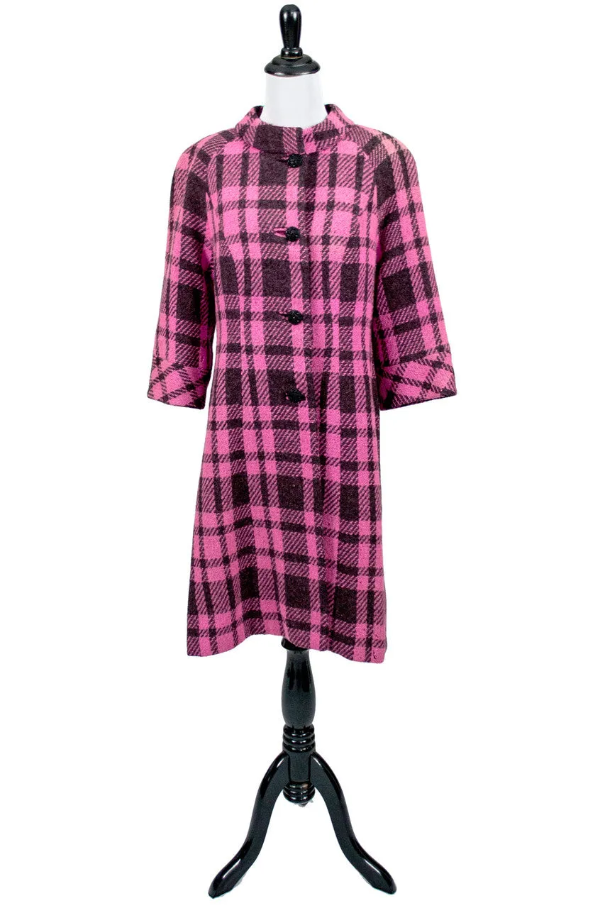 Pink and Black Plaid 1960s Vintage Coat by Mildred Warner