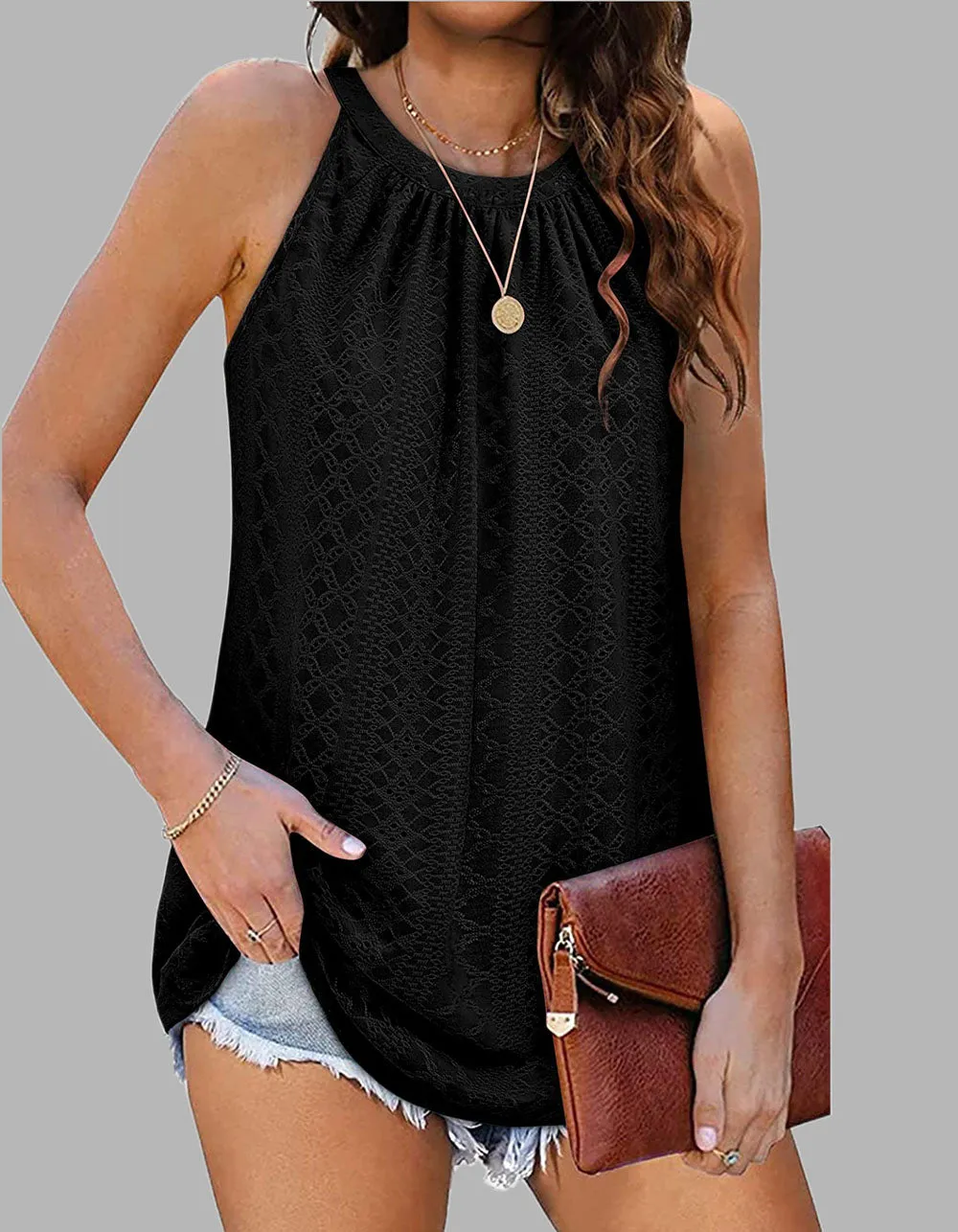 Plain Loose Round Neck Pleated Eyelet Tank Sleeveless Camisole