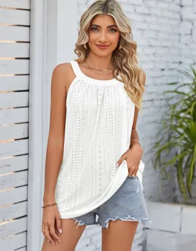 Plain Loose Round Neck Pleated Eyelet Tank Sleeveless Camisole