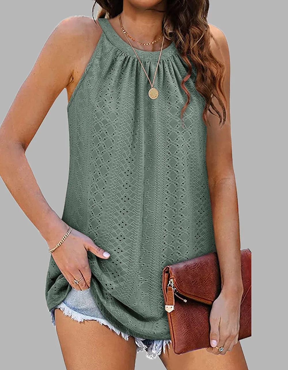 Plain Loose Round Neck Pleated Eyelet Tank Sleeveless Camisole