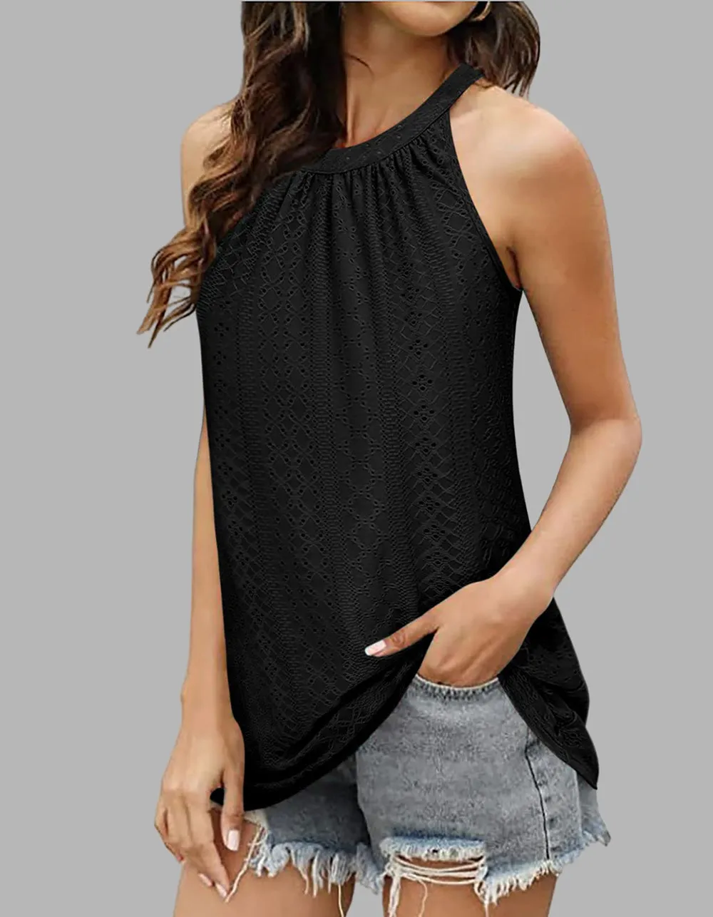 Plain Loose Round Neck Pleated Eyelet Tank Sleeveless Camisole