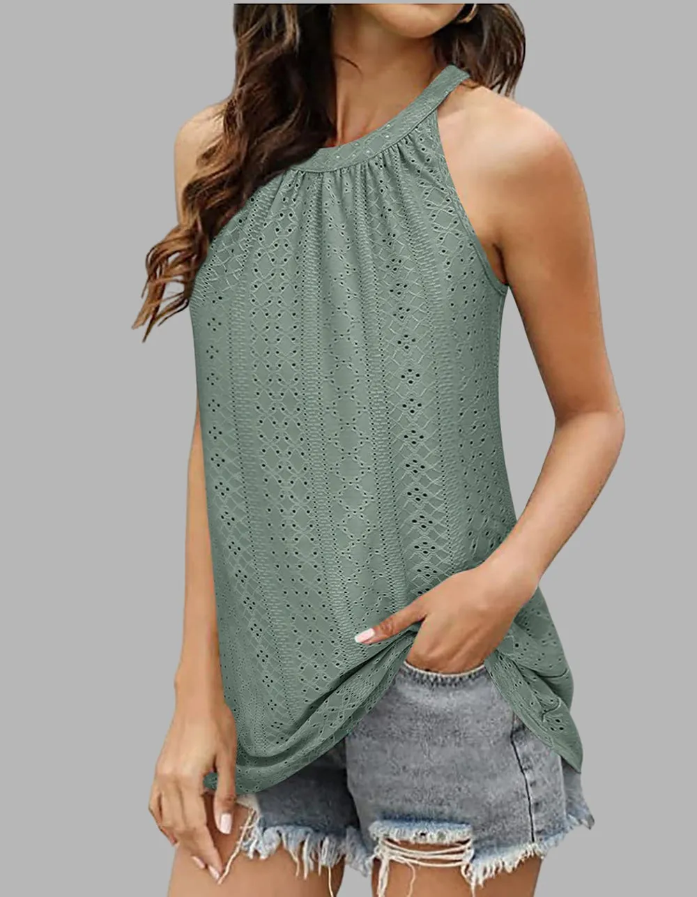 Plain Loose Round Neck Pleated Eyelet Tank Sleeveless Camisole