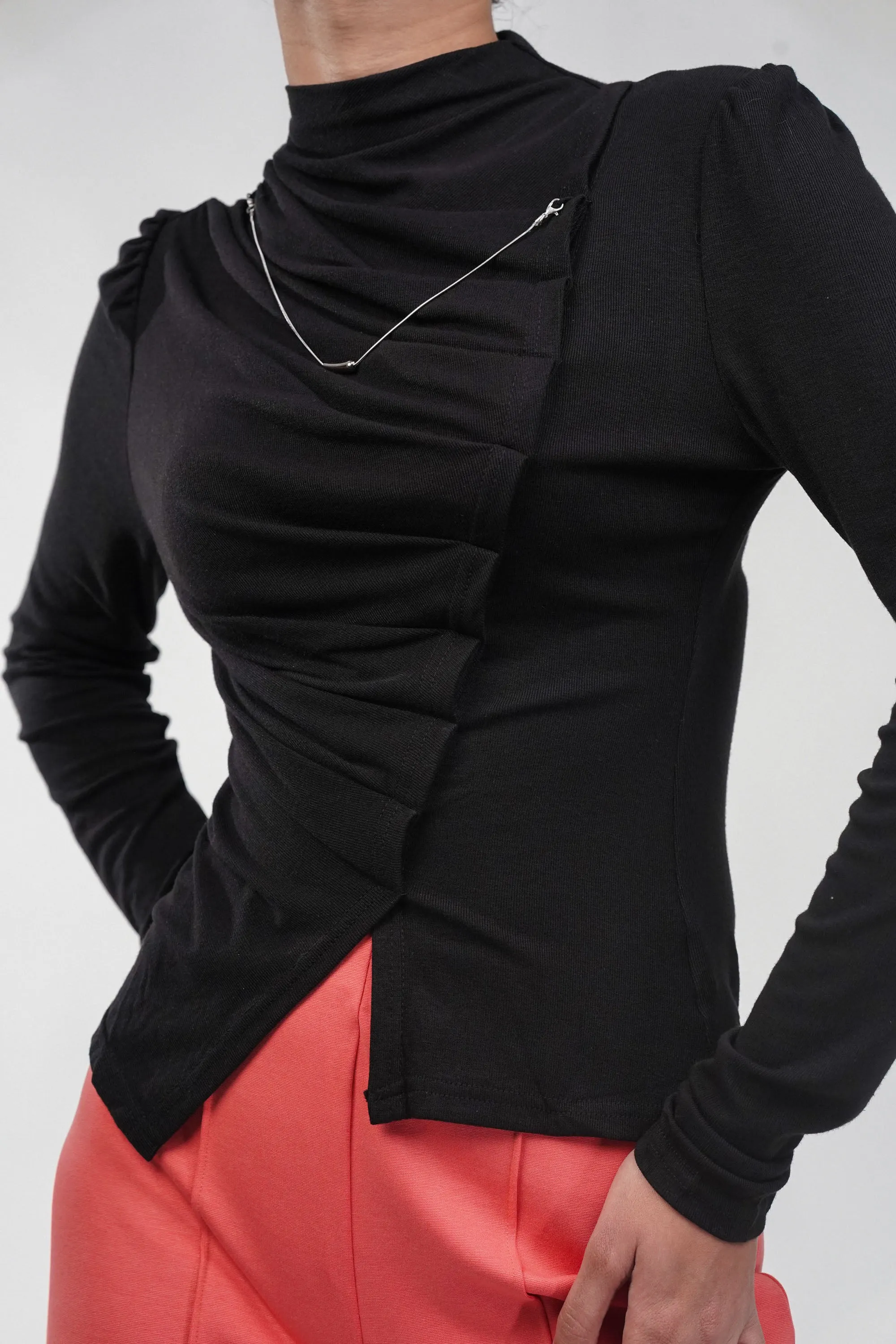 Pleat & Flow Black Top With Silver Chain