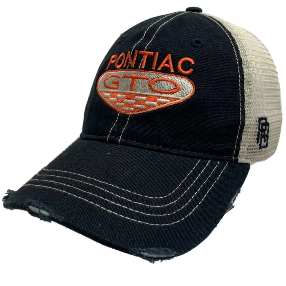 Pontiac GTO General Motors Retro Brand Black Distressed Mesh Snapback Hat Cap