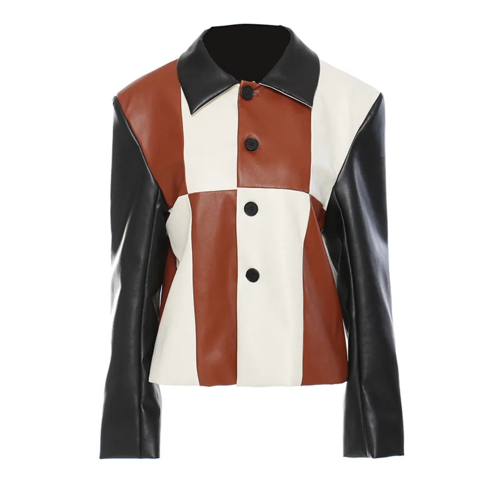 PU Leather Hit Color Jackets For Women Notched Collar Long Sleeve Patchwork Single Breasted Loose Jacket Female