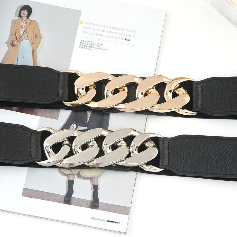 Punk Fashion Women Elastic Belts Designer Luxury Brand PU Thick Chain Waist Strap Dress Coat Sweater Lady Decorative Waistband