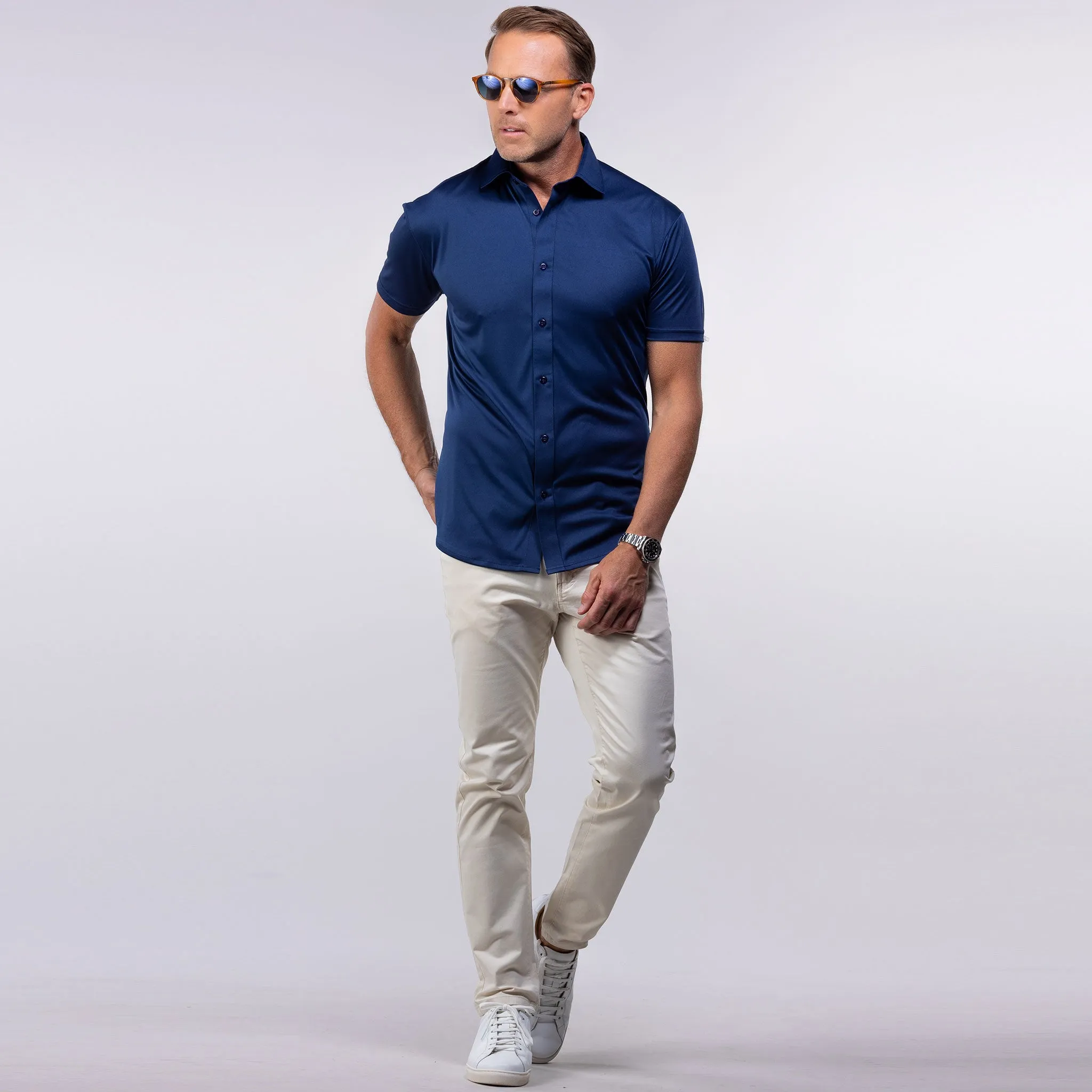 Quattro Flex Short Sleeve Button Down Navy