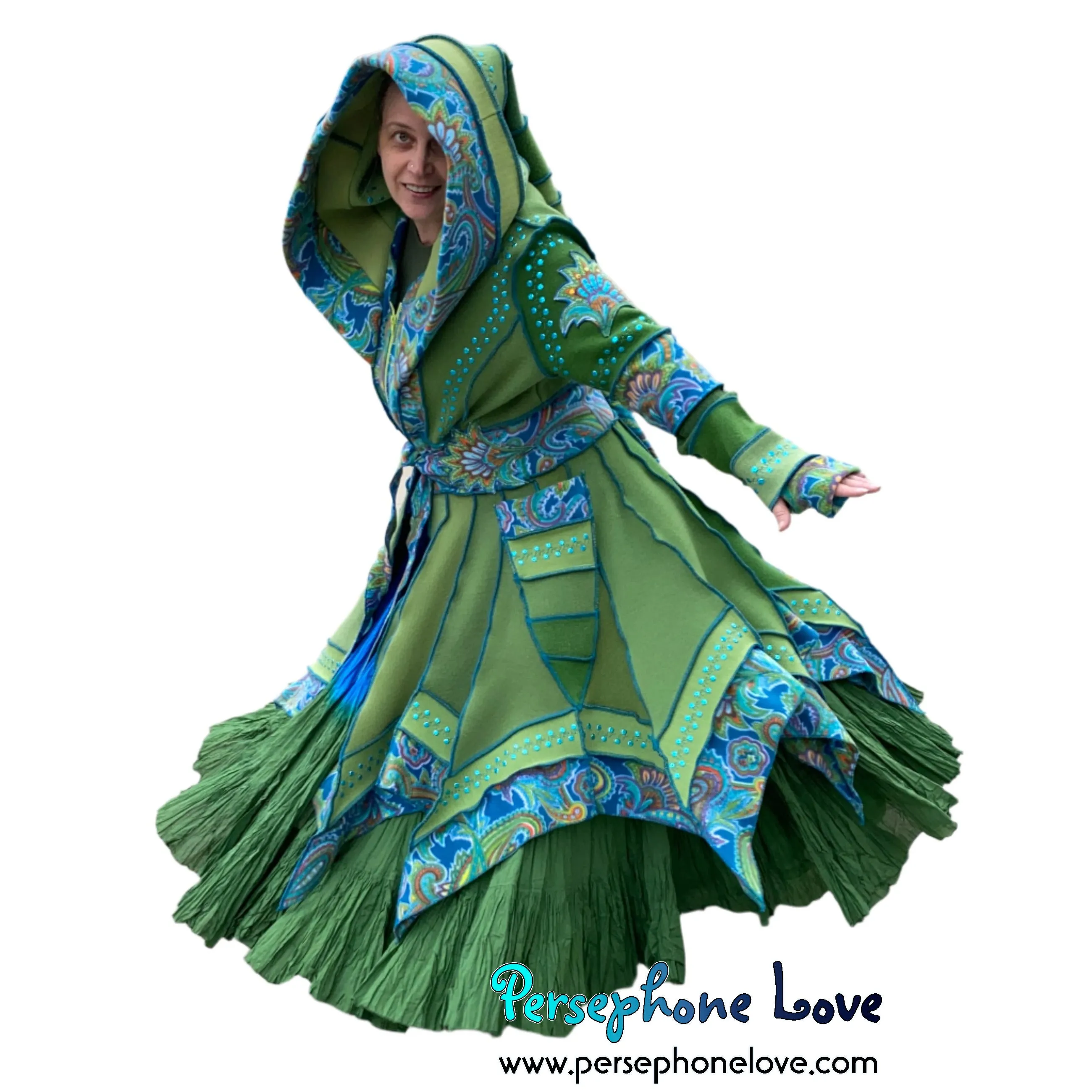 "Beautiful Things" Green elf machine-felted wool/cashmere Katwise-inspired patchwork sweatercoat-2584