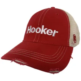 "Hooker" Fishing Retro Brand Red Distressed Tattered Mesh Snapback Hat Cap