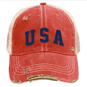 "USA" 4th of July America Retro Brand Red Distressed Mesh Snapback Hat Cap