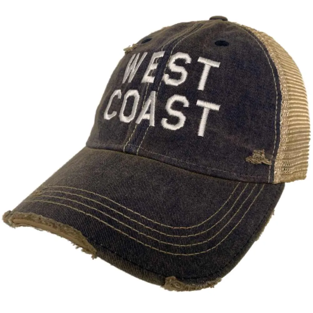 "West Coast" Retro Brand Navy Distressed Tattered Mesh Adj. Snapback Hat Cap