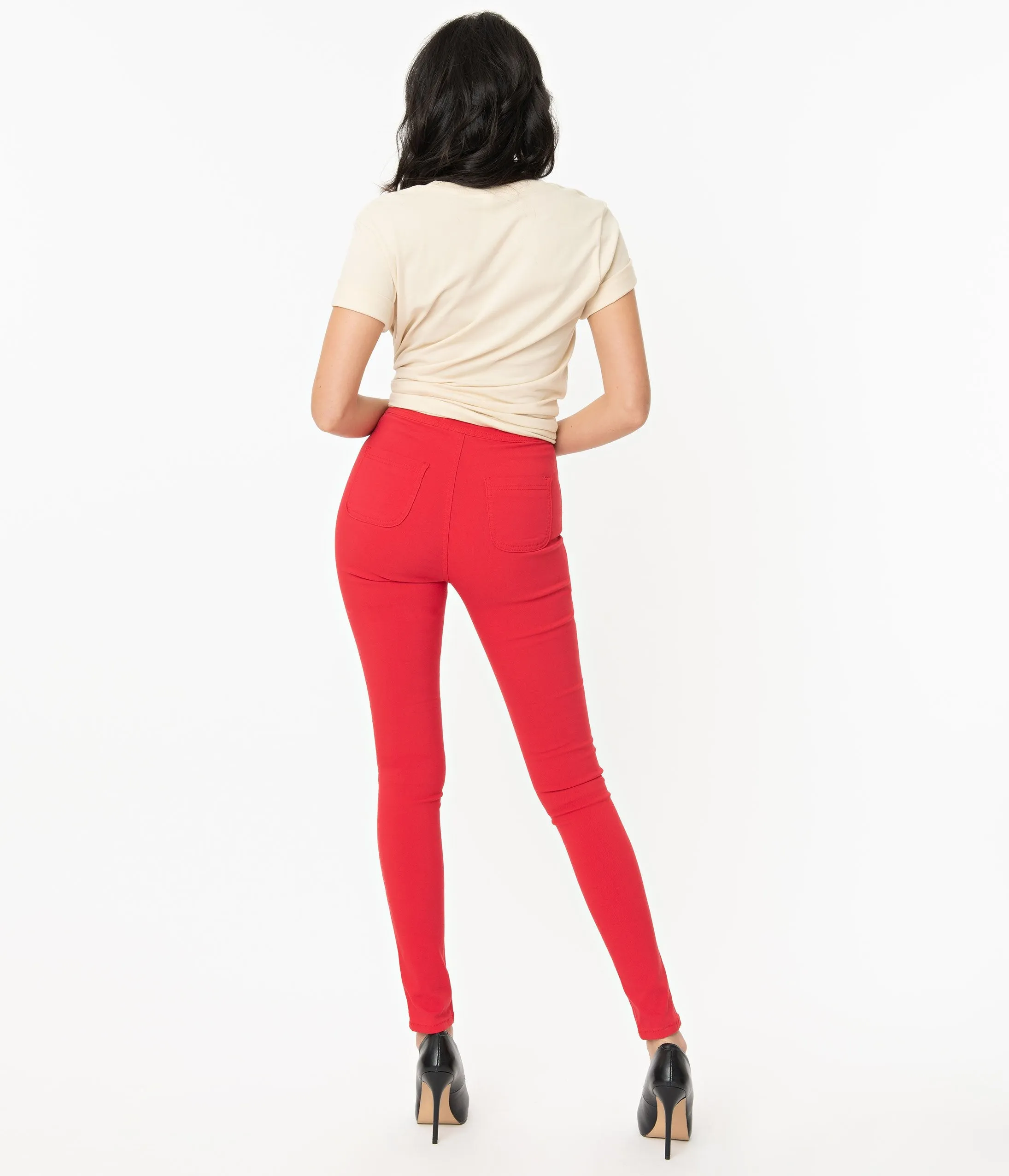 Red High Waist Cigarette Pants