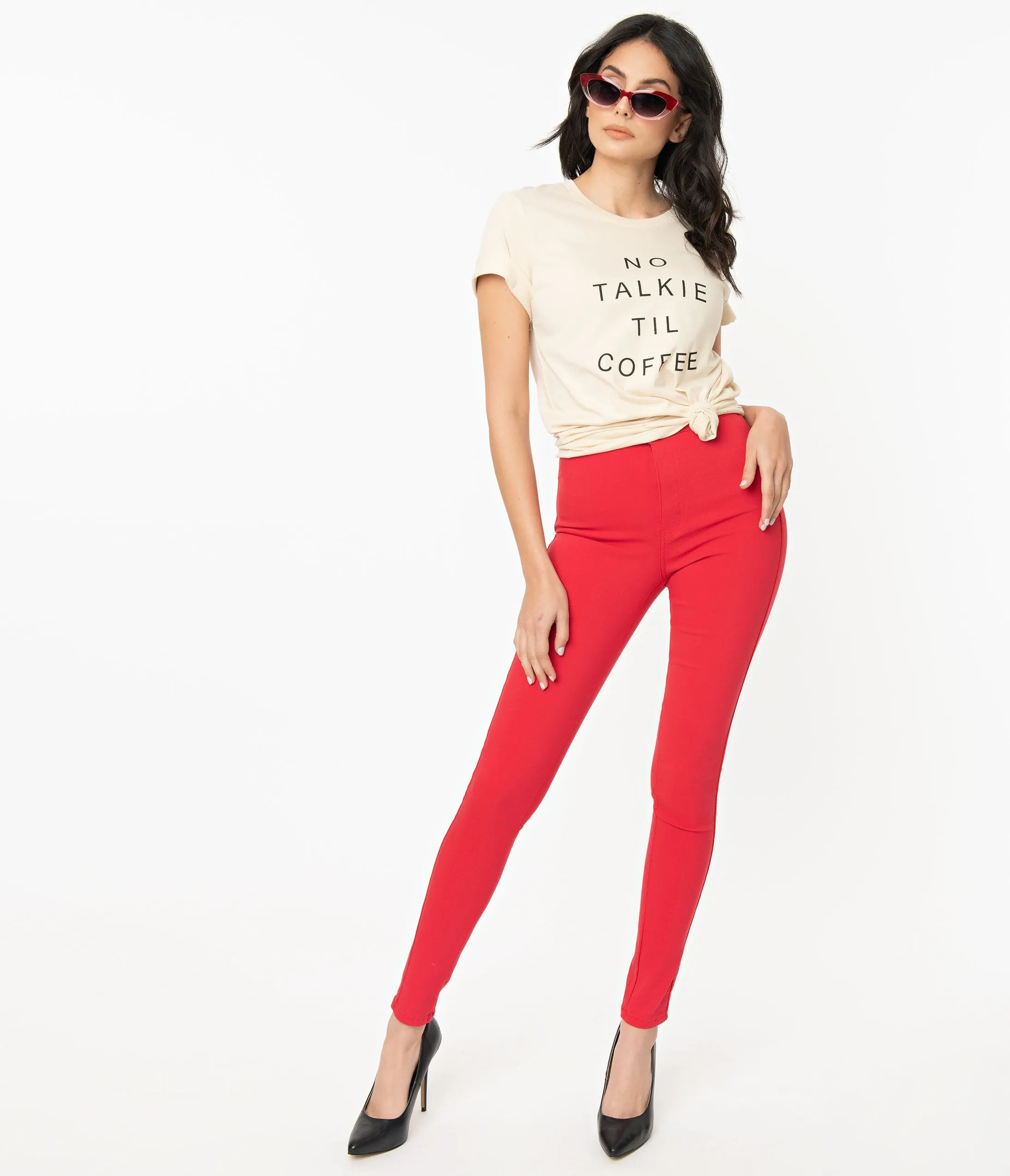 Red High Waist Cigarette Pants