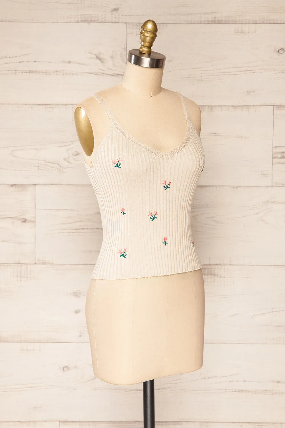 Rhudn Beige | Floral Embroidered Crop Cami Top