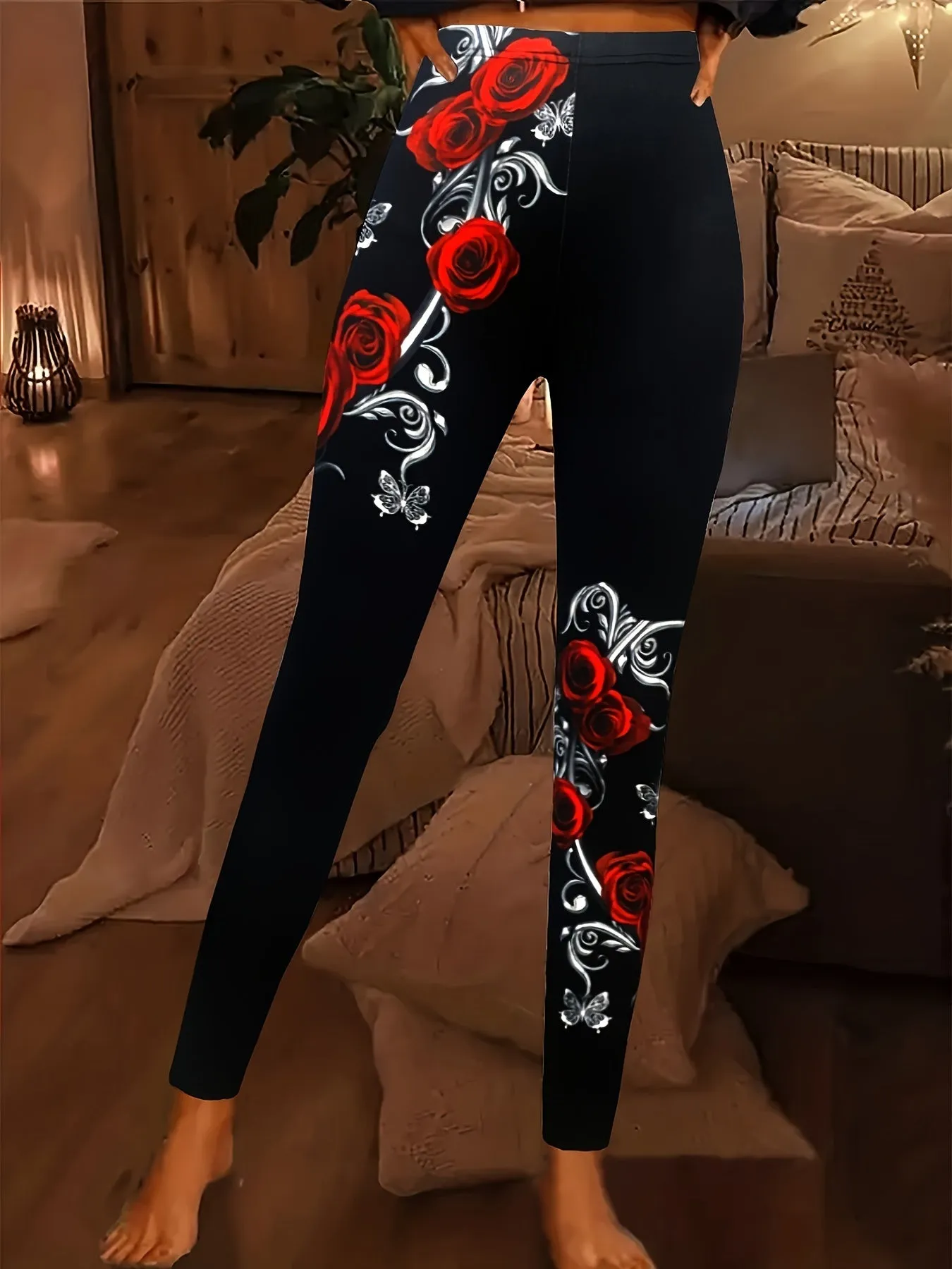 Rose Print Skinny Leggings Stylish Stretchy Womens Casual Bottoms