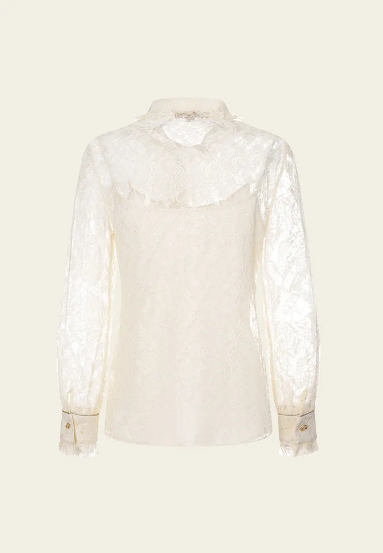 Ruffle-detail Stand-collar Lurex-trim Lace Shirt